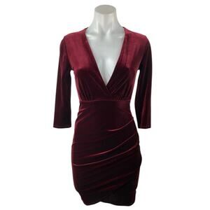 Lulus Red Velvet Velour Deep V Neck Zip Drape Pencil Mini Bodycon Dress Size XS